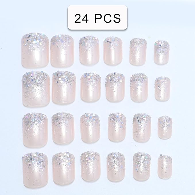 Glitter French Press on Nails Short Square Fake Nails Nude Designs False Nails Shiny French Full Cover Glossy Reusable Acrylic Stick on Nails for Women Girls Light Luxury Manicure Decoration 24Pcs