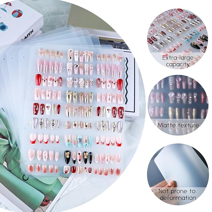 Large Press on Nail Organizer Book Insert Pages 6 Sheets Fake Nails Storage Insert Page Acrylic Salon Display Supplies Removable with Double-Sided Adhesive A4 Size