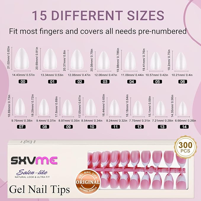 Gel French Tip Nails Short Almond Press on Nails White Tips 300Pcs Pre-applied Primer Natural Pink Fake Nails Extensions Kit for Women Girls DIY