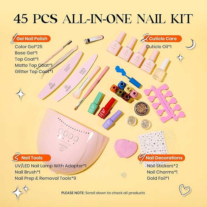 Beetles Gel Nail Polish Kit with U V Light - 25 Colors Valentines Gel Polish Set 45 Pcs Fragments of Time Nails Kit with Tools DIY Salon Manicure Set Gifts for Women Girls - One Color One Bottle
