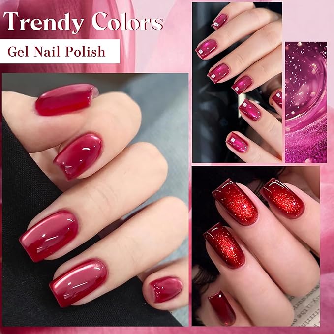MEET ACROSS 9Pcs Glitter Red Cat Eye Gel Nail Polish Burgundy Red Cateye Gel Polish Magnetic Nail Polish with Magnet Bloody Mary Series Sparkle Red Manicure DIY Gifts 8 Colors