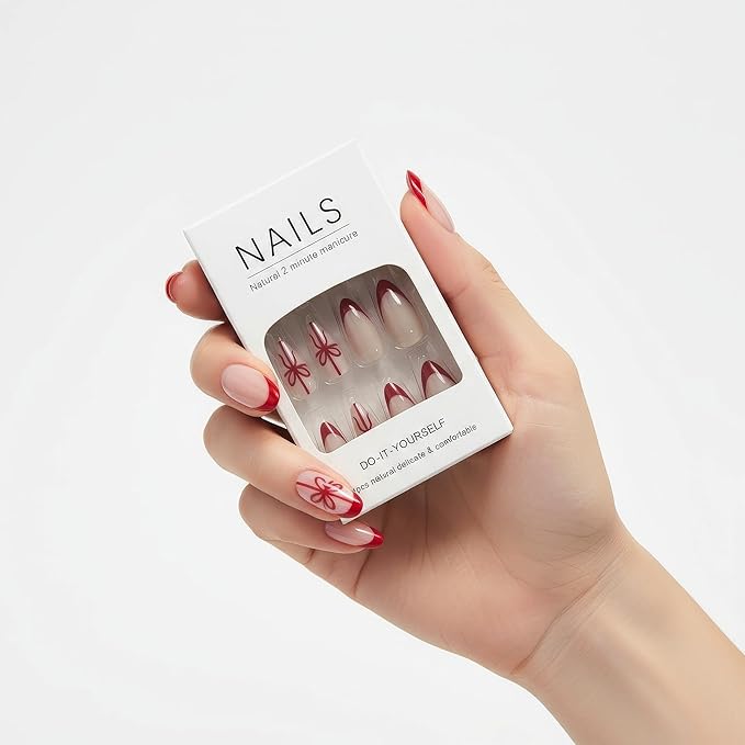 Press On Nails Almond Christmas, French Tip Press on Nails Short, Glue On Nails for Women Gift, Supremely Fit Natural Reusable Stick On Nails in 12 Sizes -24 Fake Nails Kit, French Bow