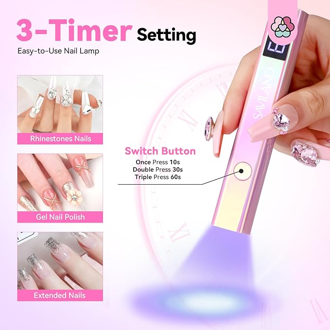 SAVILAND Handheld U V Light for Nails: 12W Portable Mini UV Light for Gel Nail 3 Timer Setting LED Nail Lamp 400mAh Rechargeable Type-c USB LCD Display Screen Nail Dryer for Home Personal DIY Self Use