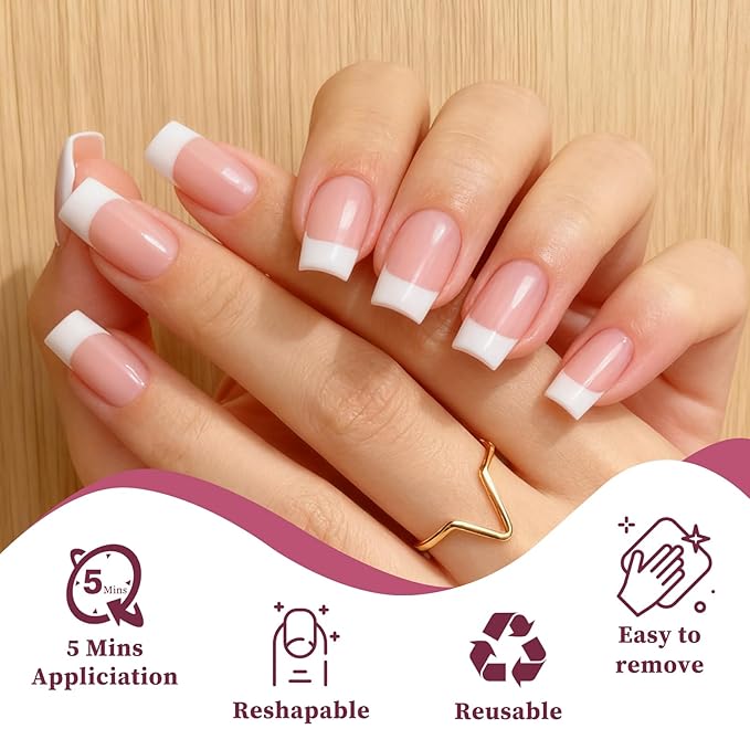 120PC White French Tip Press on Nails Short Fake Nails Press ons with 5*Adhesive Tabs, Pink Square Acrylic Nail Press on Nail French Tip Nails False Artificial Fingernails Stick on Nails-F
