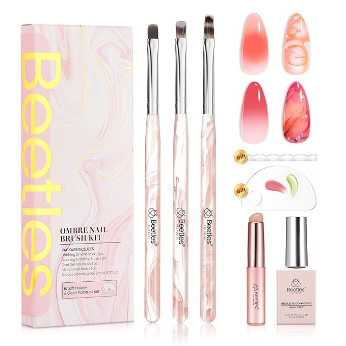 Beetles Blooming Gel and Nail Art Brushes Set - Ombre Nail Brush Gradient Stipple Clean Up Fingernail Art Pens and Silicone Dotting Tool for Gel Polish Blush Marble Chrome DIY Manicure Designs