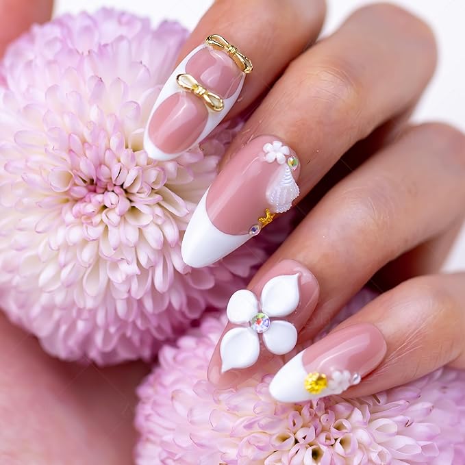 10 Pieces Handmade Press On Nails Medium Almond, White Thickened French False Nails, 3D Flowers And Sea Shells, Reusable Fake Nails Almond, Reusable Acrylic Nails (M)