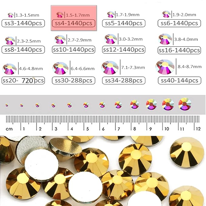 Dowarm 1440 pc SS4 Flatback Rhinestones, 1.5mm Mini Flatback Crystal for Craft, Dance Costumes, Non Hotfix (Gold)