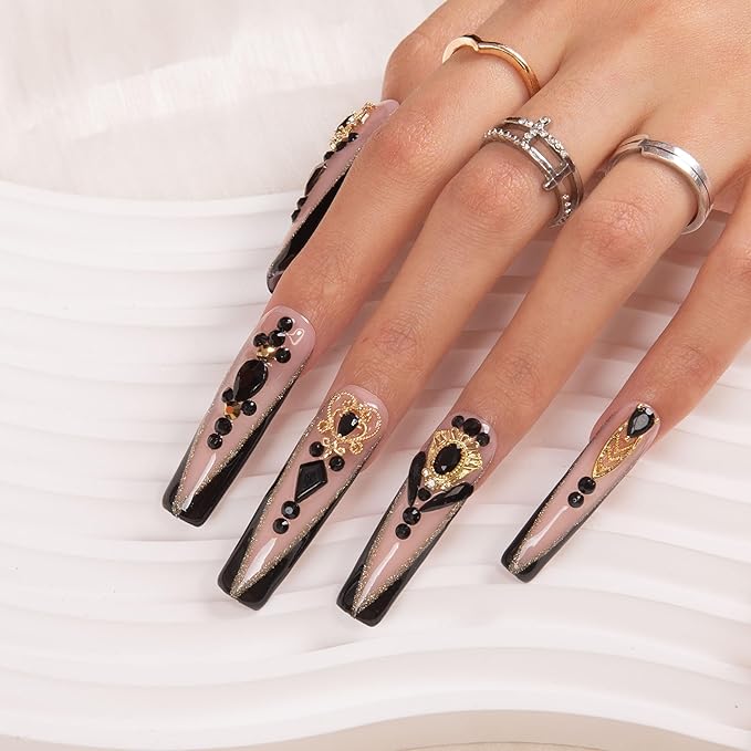 LOVFUL Press on Nails Obsidian Palace Black French Tip| Handmade with Full Covered Crystals| Reusable Fake Nails| Square Mid length 1.7in| H165-S