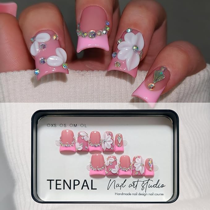 Duckbill Shape Handmade Press On Nails Kit,Pink French Floral Nails with 3D Flowers Diamond Designs,Glazed Donut Nude Pink Fake Nails with Tools,Elegant French Tip Duckbill Nails with Gems(S)