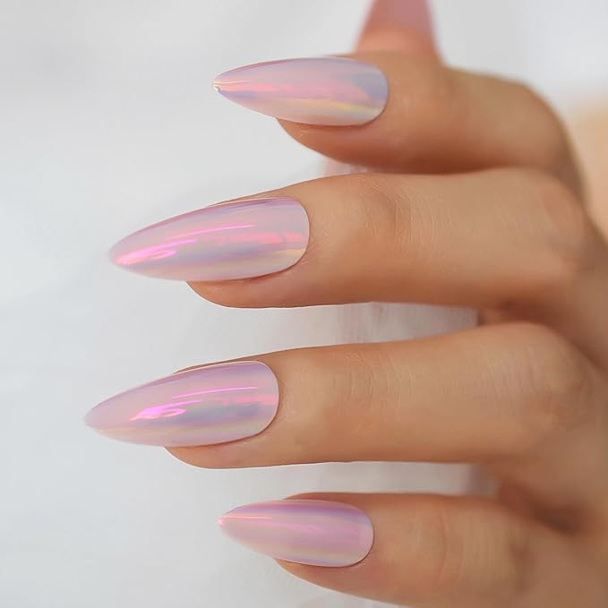 Chrome Press On Nails Almond, Glazed Iridescent Pink Glue on Nails Medium Press Ons, Acrylic Natural Fit Stick on Nails in 12 Sizes - 24Pcs Fake Nail Kit for Women Daily & Party Wear