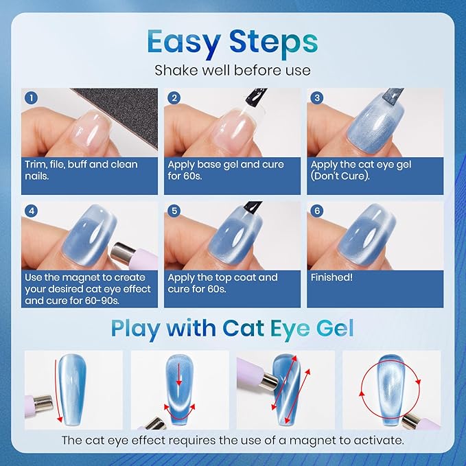 MIZHSE Moonlight Cat Eye Gel Nail Polish, 12mL Blue Glitter Cateye Gel Nail Polish Ceramic Glitter Magnetic Soak Off U V LED Nail Gel Polish for Home Manicure Nail Art