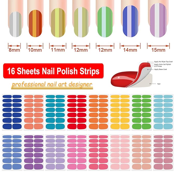 DANNEASY 16 Sheets Polish Stickers Full Wraps for Women Self Adhesive Strips Gel Sticker Solid Color Fingernail Manicure Kit With 1pc File, Cuticle Stick