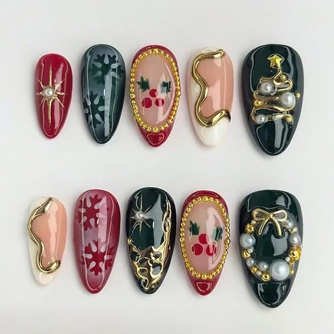 24pcs Christmas Press on Nails Medium Almond Fake Nails Winter Snowflake Full Cover False Nails with 3d Pearl Rhinestones Designs Xmas Tree Wreath Star Glue on Nails for Women Nail Decoration Supplies