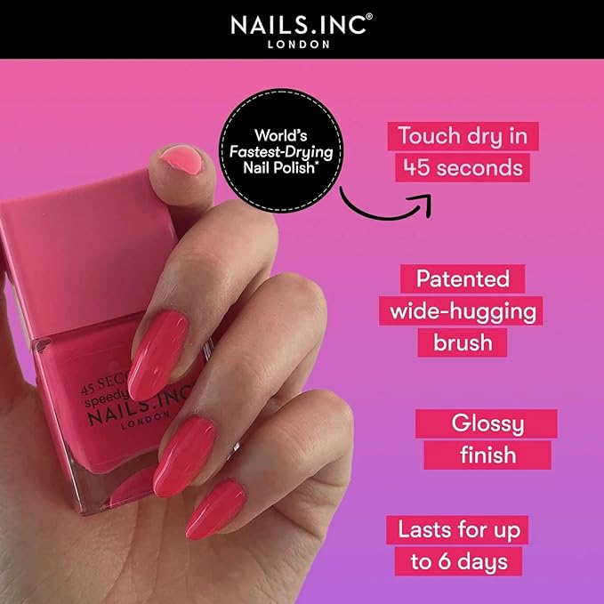 Nails Inc 45 Second Speedy Gloss, Ruby, Pink Shimmer, Metallic, No Chip, Long Lasting, Quick Dry, Air Dry, Professional Manicures & Pedicures, Fingernails & Toenails, Vegan Nail Polish, 0.47 Fl Oz