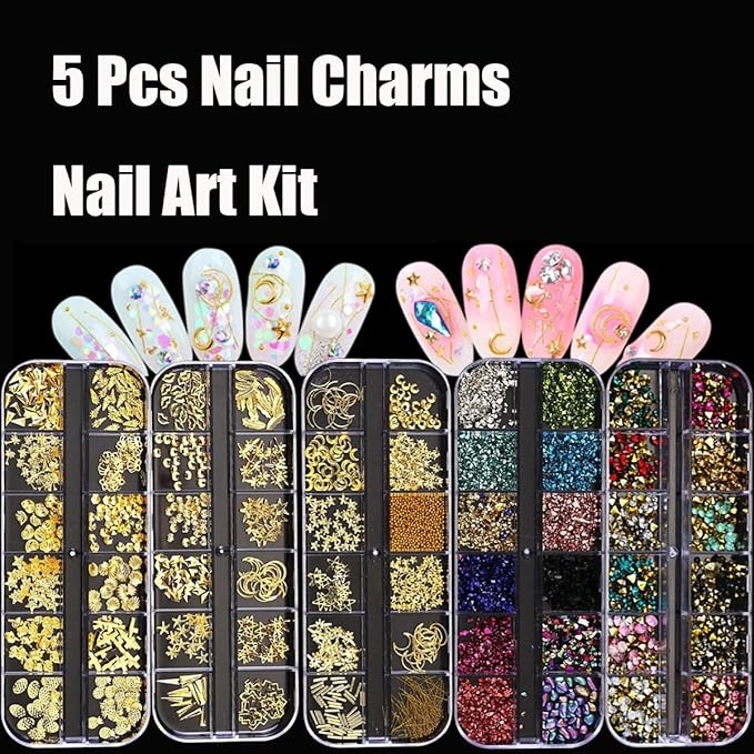 Nail Charms Nail Art Kit with 30 Sheets Gold Nail Stickers 5 Boxes of Nail Gems Nail Art Tools Nail Rhinestones for Nails Nail Supplies 3D Nail Charms and Gems Nail Decals Nail Pearls