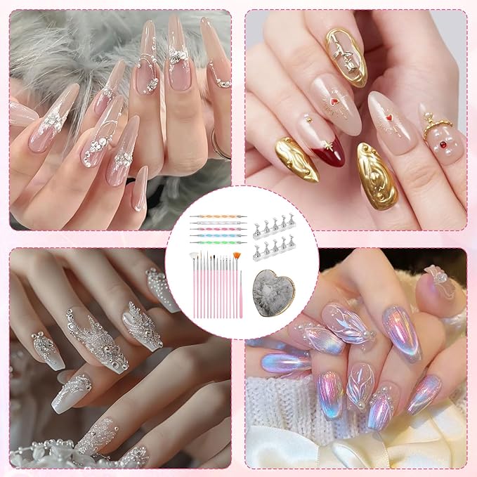 Nail Art Tools Set 15Pcs Nail Art Brushes Pink Gel Brush Gray Color Palette Polish Mixing Plate Acrylic Stands for Painting 5Pcs Double-Ended Dotting Pen Design Tools Kit for DIY Manicure