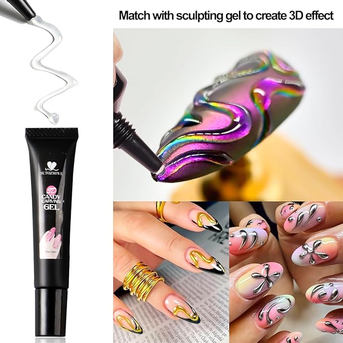 Chrome Nail Powder Kit, 6 Colors Chrome Powder with 3D Sculpting Gel for Nail Art Gold Silver Metallic Mirror Effect Pigment Holographic Glitter White Pearl Dust Kit for Manicure Decor