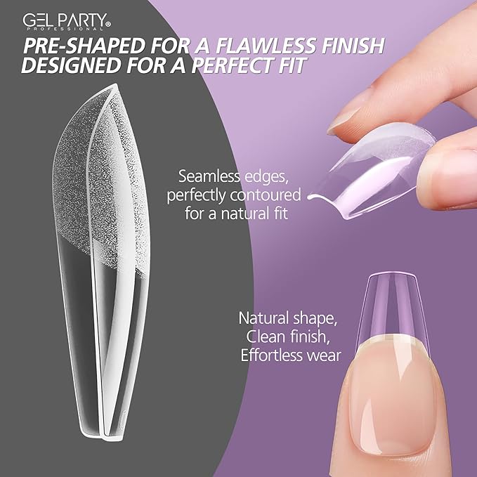 GELPARTY Soft Gel Nail Tips Long Coffin - 240Pcs Pre-Buffed Matte Full Cover Tips - No Filing Needed, Soak Off Gel Extension System - Clear Ballerina False Nails (12 Sizes)