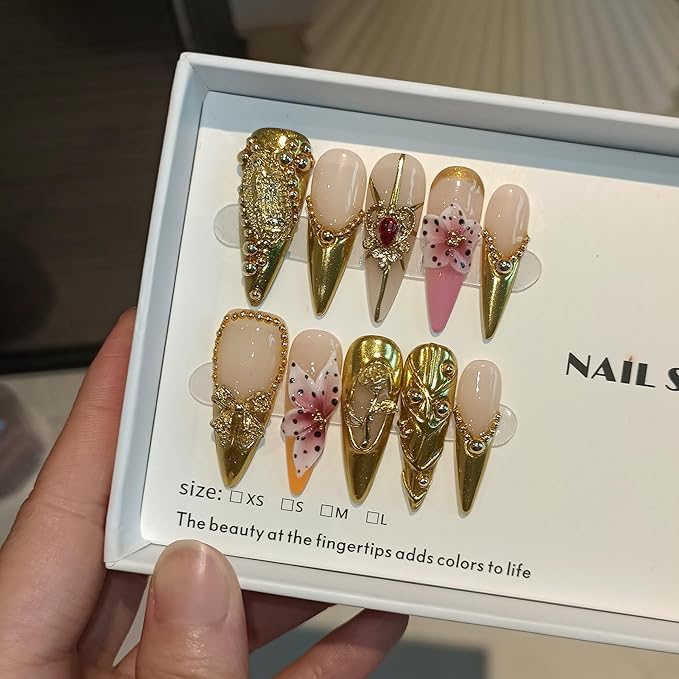 Long Stiletto Press on Nails - Gold Baroque with 3D Rose & Saint Charms | Reusable & Icy False Nails | Royal Gala Style for Grand Events(S)