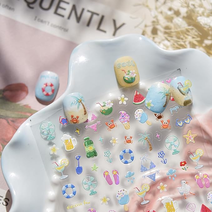 Summer Nail Art Stickers Watermelon Ice Cream Nail Decals Beach Nail Stickers 5D Embossed Self Adhesive Nails Charms for Women Girls Kid Manicure Cute Sweet DIY Decoration 2Pcs