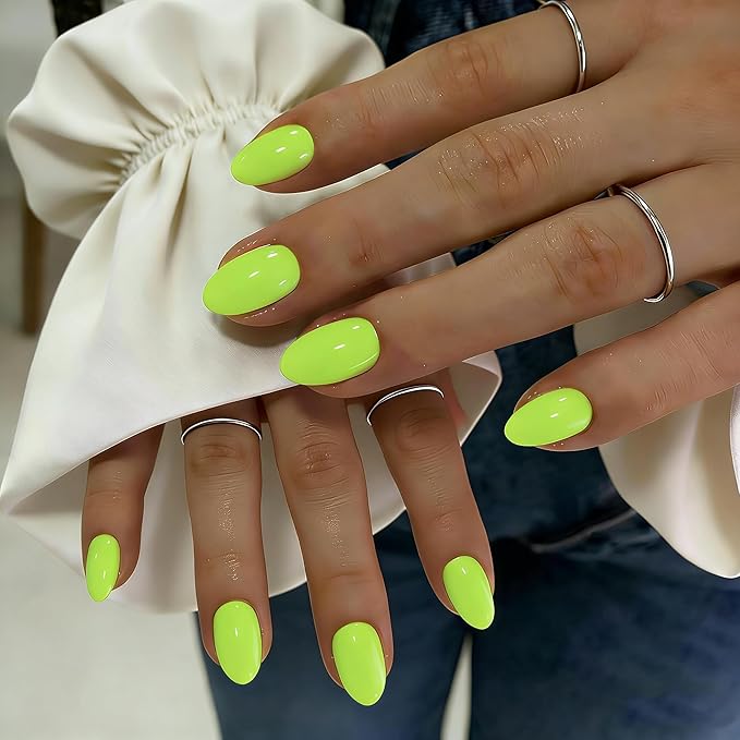 KQueenest Press On Nails Short - Neon Green Press On Nails Oval, 32 Pcs 16 Sizes Natural Short Fake Nails Press ons Almond, Reusable Opaque Glossy Bright Lime Glue on Nail with Glue for Summer Wear
