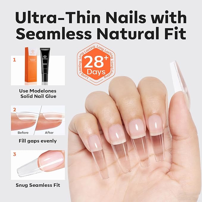 modelones Pro Luxe Instant Nail Apex Tips 15 Sizes, Long Coffin Extension Gel Tips Pre-building & Pre-etched Thicker Strength Acrylic Fake Nails Full Cover 240 Pcs