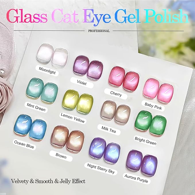 Glass Cat Eye Gel Nail Polish Set 12 Colors, Ceramic Magnetic Cats Gel Polish with Magnet Stick, Jelly Silk Velvet Crystal Effect Sock Off Nail Art Spring Summer Colors Manicure Gift Set for Women