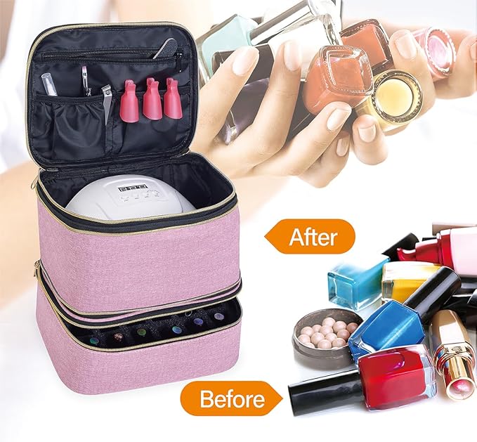 Nail Polish Organizer, Handheld Double Layer Nail Polish Storage with Adjustable Dividers, Holds 30 Bottles (15ml/0.5 fl.oz) for Nail Polish Lamp Manicure Tools and Essential Oil, Pink