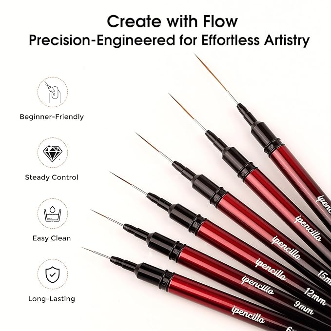 Nail Art Brushes, 6 Pcs Nail Liner Brushes for Nails, Nail Brushes for Nail Art Lines, Details, Edge and Plaid, Nail Design Brushes, Thin Nail Art Brushes Sizes 6/9/12/15/18/25 mm, Black