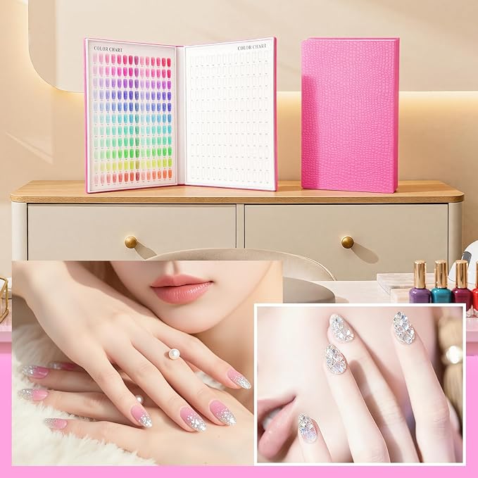 Segbeauty 308 Color Nail Polish Swatches Book for Press Ons, Gel Nail Display Book, Red Press On Nails Stand with 360 Fake Nails Tips, Polish Swatches Color Display Board Organizer Case Art Salon