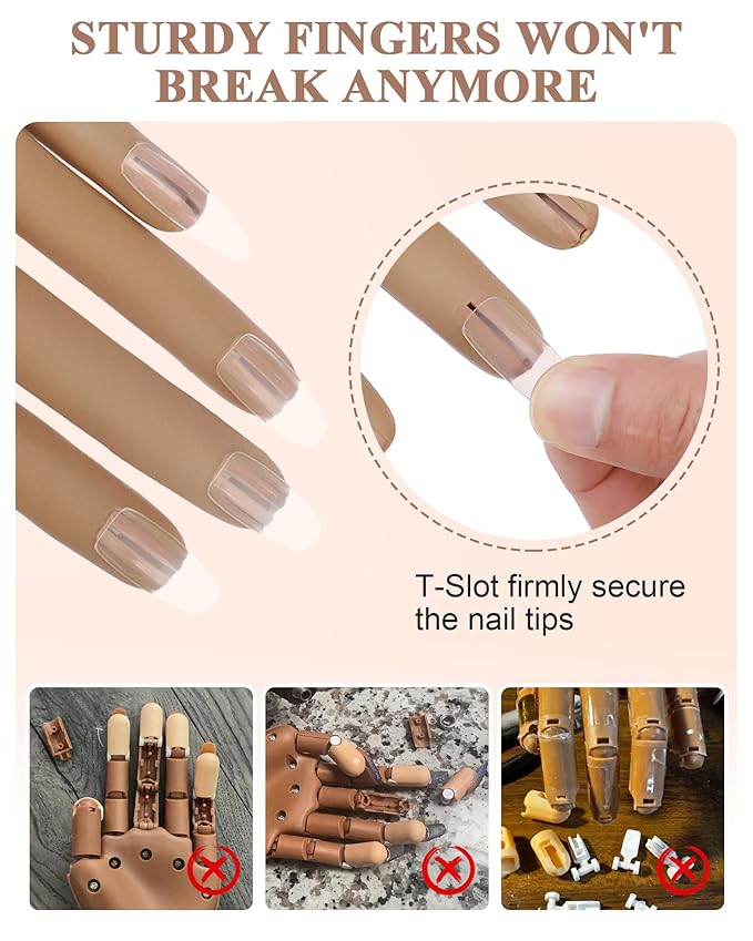 Practice Hand for Acrylic Nails, Silicone Hand for Nail Practice, Nail Tips Won't Fall off Nail Hand, Flexible Nail Practice Hand for Beginners, With 200PCS Nail Tips