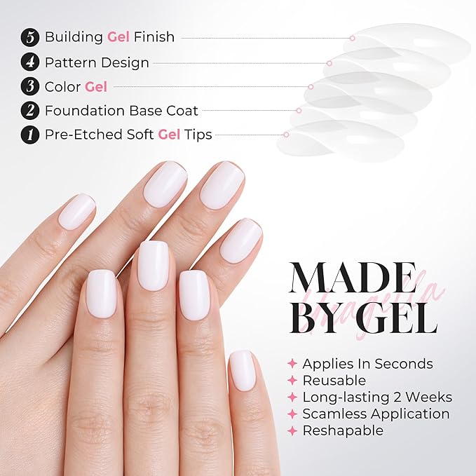 UNA GELLA Soft Gel Press on Nails - 32 Pcs 16 Sizes Glossy Milky White Short Square Fake Nails with Glue & Adhesive Tabs, Reusable Full Cover False Nails Kit, Salon Quality DIY Manicure Set