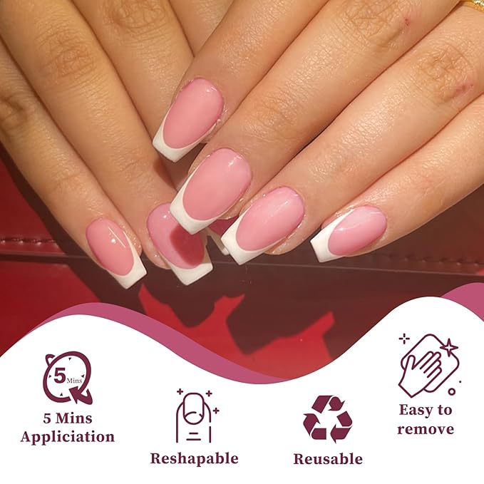 240PC White French Tip Press on Nails Short Fake Nails Press ons with 5*Adhesive Tabs, Pink Coffin Acrylic Nail Press on Nail French Tip Nails False Artificial Fingernails Stick on Nails-B