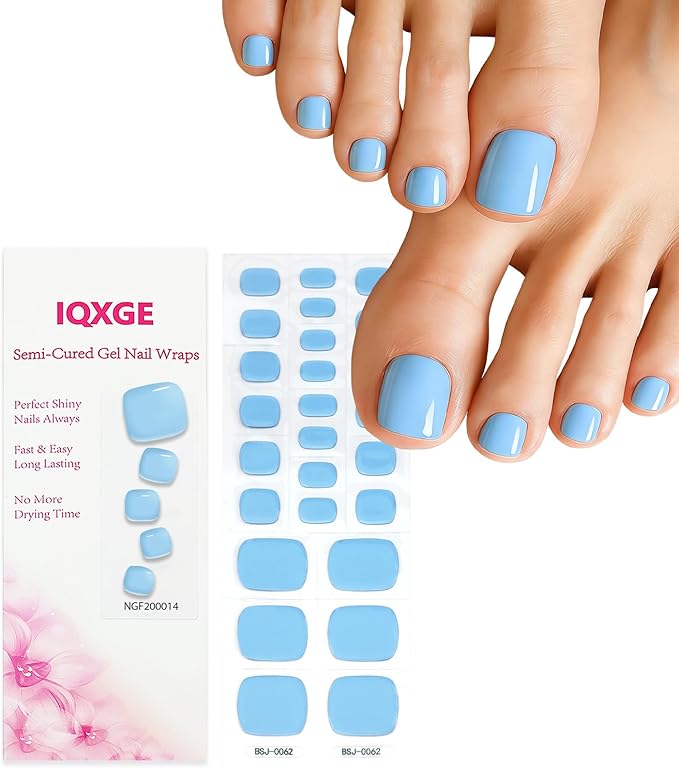 26 Pcs Semi Cured Gel Toe Nail Strips Blue Solid Gel Nail Stickers Full Cover Blue Nails Wraps Self Adhesive Toe Nails Polish Strips Stickers for Women UV/LED Light Required