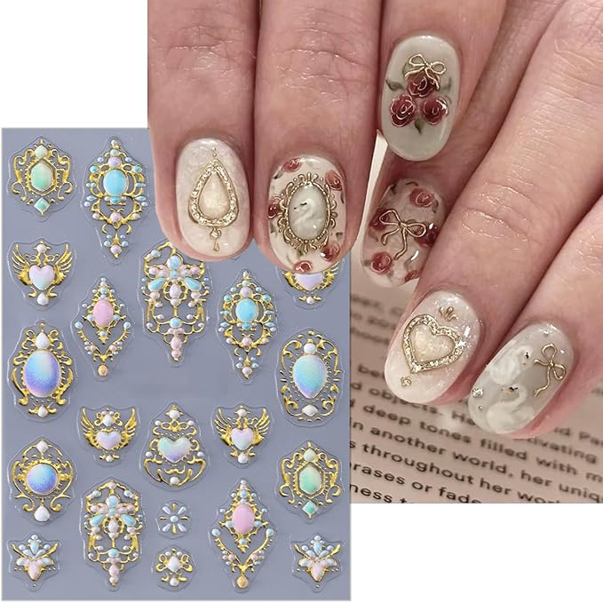 2 Sheets Luxurious Gold Nail Art Stickers Embossed Bohemian Style Nail Decals 5D Heart Flower Nail Stickers Self-Adhesive Mirror Bohemian Designs Nail Art Supplies for Women Manicure Accessories