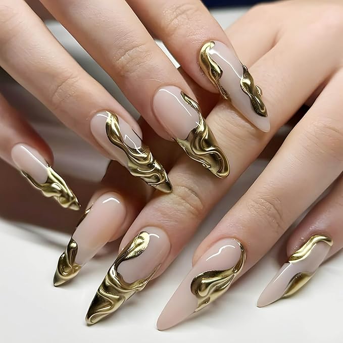 RTKHFZE Long Stiletto Press on Nails Light Taupe Color, 3D Gold Coat Full Cover Claw Nails for Women and Girls
