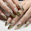 RTKHFZE Long Stiletto Press on Nails Light Taupe Color, 3D Gold Coat Full Cover Claw Nails for Women and Girls