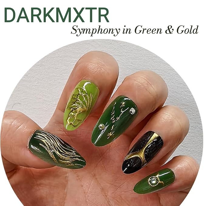 Green Agate Press-On Nails with Gold Wave & Butterfly Design - 24pcs Reusable Fake Nails with 3D Rhinestones & Zodiac Decor for Women (Coffin Shape)