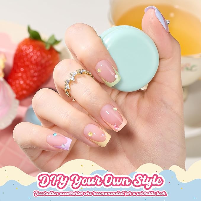 Beetles French Tips Press On Nails, Pastel Spring Nails Short Square 6 Colors 192 Pcs, Spring Fake Nail Tips,Pink Blue Green Soft Gel Nails False Nails Art DIY For Women