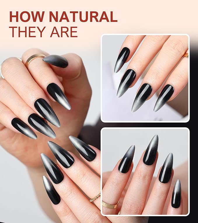 Morily Black Stiletto Press on Nails, 24Pcs Chrome Ombre Fake Nails Medium Length Glossy Artificial False Nails with Designs Long Reusable Stick on Nails for Women