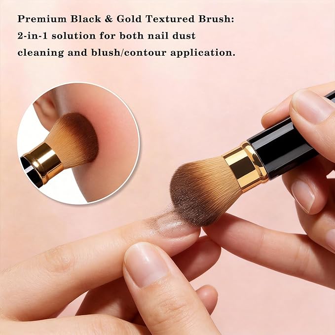 WOKOTO 2 PCS 2-in-1 Retractable Brushes - Nail Art Dust Remover for Acrylic Nails, Round & Angled Makeup Brushes for Foundation & Cream, Black Handle Dust Brush, Travel-Friendly Aluminum Tube