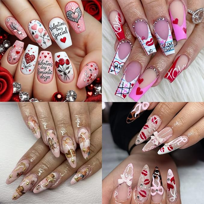 4 Sheets Valentines Day Nail Stickers 5D Embossed Heart Nail Art Stickers Self-Adhesive Rose Flower Cupid Angel Lips Love Letter Designs Holiday Nails Cute Nail Decals for Women Manicure Decor DIY