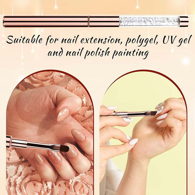 Builder Gel Brush, 2Pcs Oval UV Gel Nail Brush Rhinestone Handle Professional Nail Art Tools Nails Drawing Pen Gel-Brushes for Nails Rose Gold