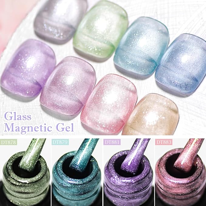 MEET ACROSS Magnetic Gel Nail Polish Set, Shimmer Glitter Cat Eye Gel, 8 Colors + 1 Magnetic Stick, Long Lasting, Salon Quality