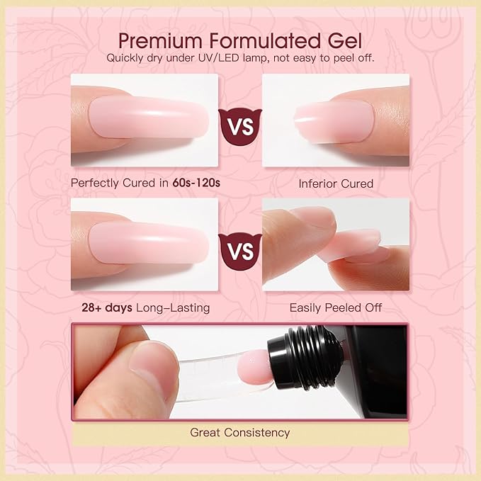 ROSALIND 2 oz Pink Poly Nail Gel, Peach Poly Extension Gel for Nails Art Nature Color Builder Pink Nail Strengthen Art Design for Women