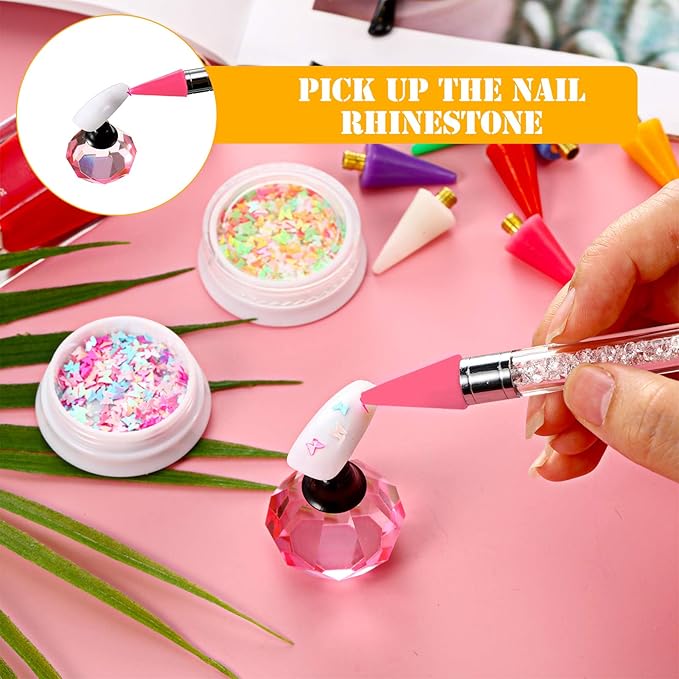 Blulu 16 Pcs Wax Head Tips Rhinestone Picker Tool Rhinestones Replacement Diamond Painting Tips for Nail Dotting Pen to Pick up Nail Gem Jewelry, Wax Head Accessories(Pink)
