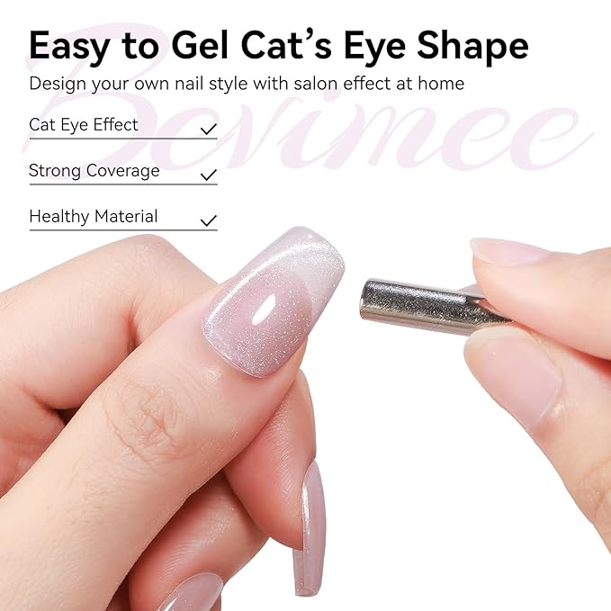 Cat Eye Gel Nail Polish, Nude Moonlight Cat Eye Nails with Magnet Stick For Holographic Shimmer Cateye Glitter Effect UV Nail Art Manicure Salon DIY Home