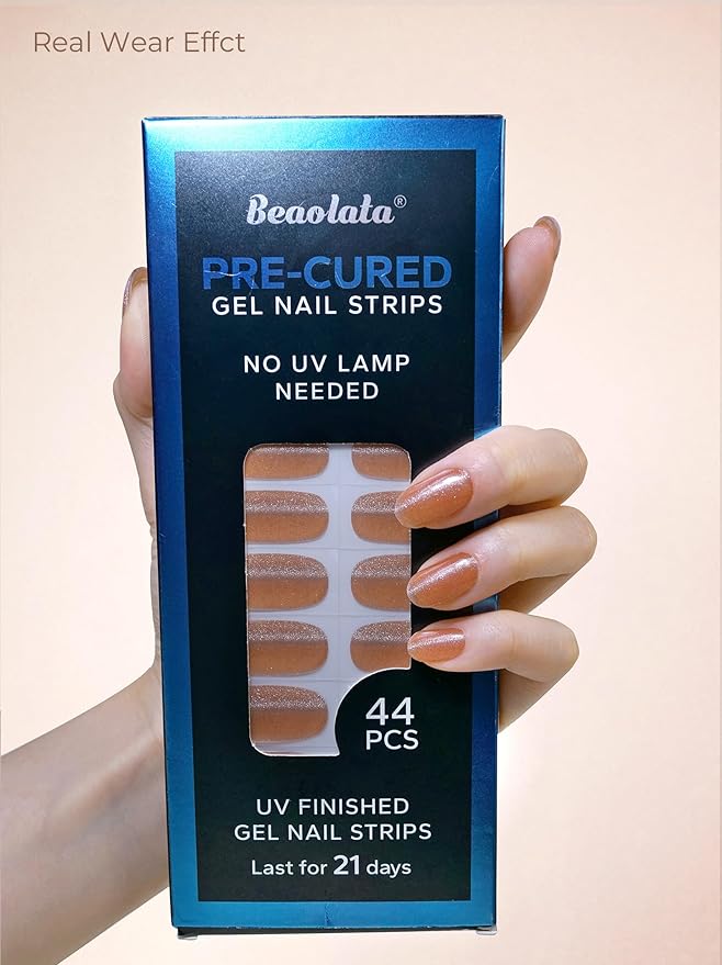Real Gel Nail Strips (No UV Light Needed) - 44Pcs Salon Quality Nail Stickers - Long Lasting Polish Wraps for Women, Easy Apply & Remove (Pink Gold Shimmer)