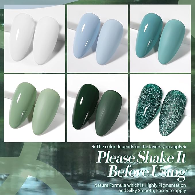 Born Pretty Green Gel Nail Polish,Light Green to Dark Shades Glitter Blue White Gel Polish Rainforest St. Patrick's Day Soak Off U v LED Light Cure for Salon Manicure and Nail Art DIY at Home