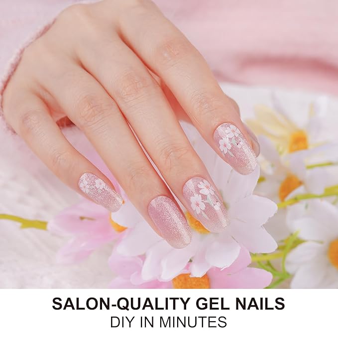 DANNI & TONI Semi Cured Gel Nail Strips Flowers (Petals of Glass) Pink Cat Eye Gel Nail Stickers 28 Stickers Gift for Woman Girls